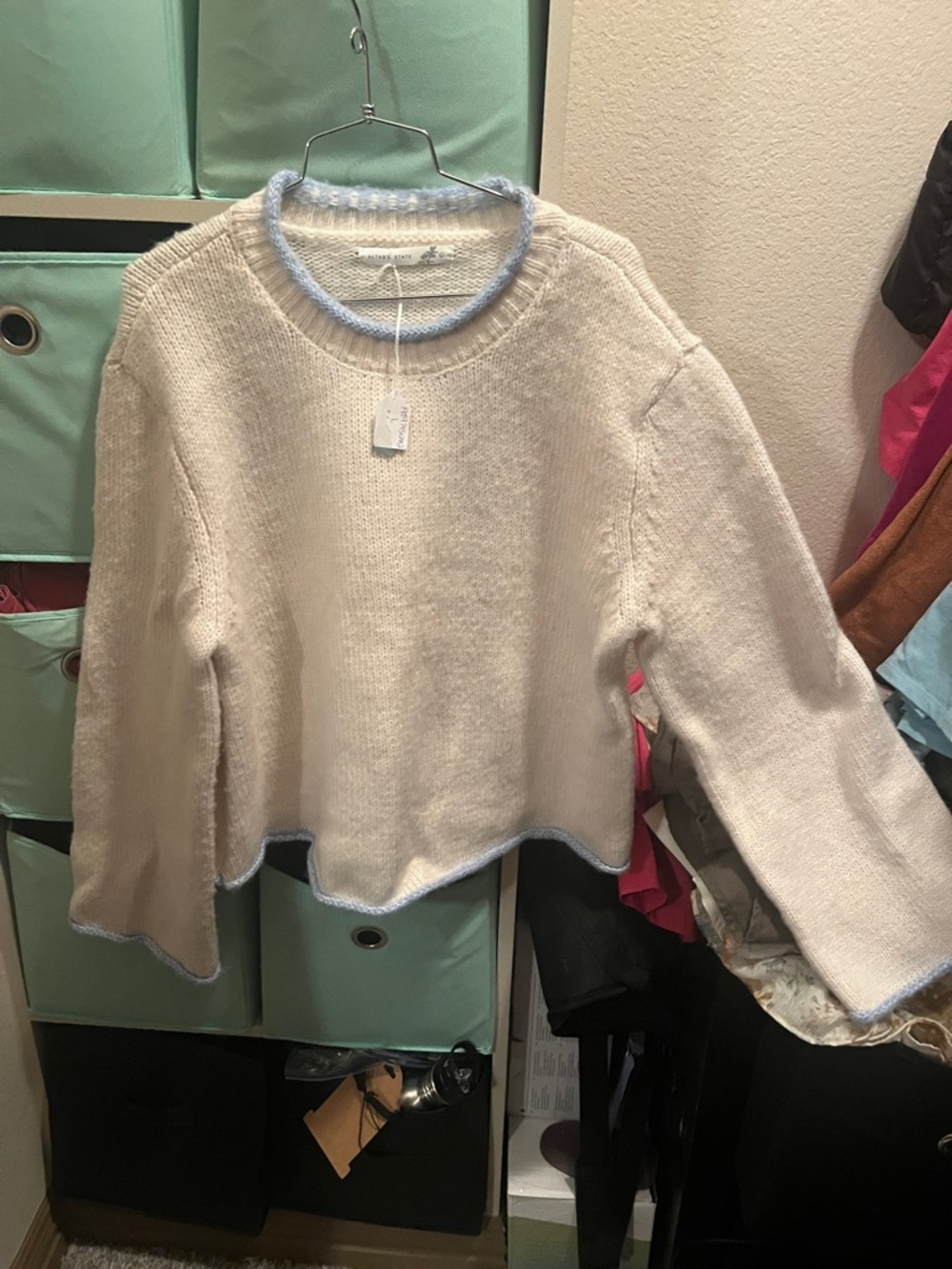Altar'd State Cream Crewneck Sweater with Light Blue Trim